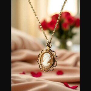 Amco Vintage 14k 1/20 Filled Dainty Cameo 18mm Pendant 15" Chain Necklace